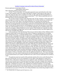 Southern Campaign American Revolution Pension Statements Pension application of John Burch W5238 Transcribed by Will Graves State of Kentucky, Barren County & Circuit On the 17th day of December 1832 personally appeared 