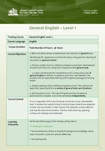 General English – Level 1 Training Course General English Level 1  Course Language