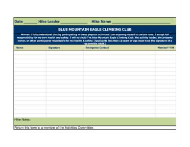 Date ______ Hike Leader ____________  Hike Name __________________________ BLUE MOUNTAIN EAGLE CLIMBING CLUB Waiver: I fully understand that by participating in these physical activities I am exposing myself to certain r