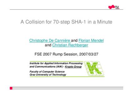 A Collision for 70-step SHA-1 in a Minute