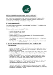 TOURNAMENT CREDIT SYSTEM - SINGLE WC 2018 Due to too much misused and unfair situation related to the TC system, the EC decided during his meeting in Kuala Lumpur to change the TC system for the next Single Worl