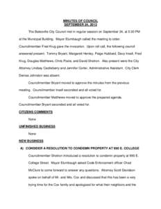 MINUTES OF COUNCIL SEPTEMBER 24, 2013 The Batesville City Council met in regular session on September 24, at 5:30 PM at the Municipal Building. Mayor Elumbaugh called the meeting to order. Councilmember Fred Krug gave th