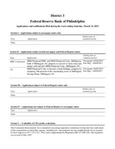 District 3 Federal Reserve Bank of Philadelphia Applications and notifications filed during the week ending Saturday, March 14, 2015 Section I – Applications subject to newspaper notice only Type