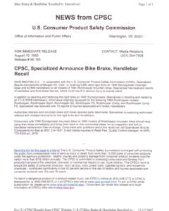 Specialized Bicycle Components / Mountain biking / Bethesda /  Maryland / U.S. Consumer Product Safety Commission / Specialized Stumpjumper / Mountain bike / Bicycle brake / Bicycle / Dynacraft BSC / Cycling / Land transport / Transport