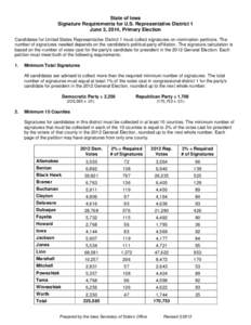 State of Iowa Signature Requirements for U.S. Representative District 1 June 3, 2014, Primary Election Candidates for United States Representative District 1 must collect signatures on nomination petitions. The number of