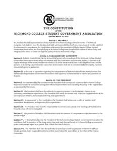 THE CONSTITUTION OF THE RICHMOND COLLEGE STUDENT GOVERNMENT ASSOCIATION Ratified March 10, 2010