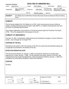 ANALYSIS OF AMENDED BILL  Franchise Tax Board Author:  Laird, et al.