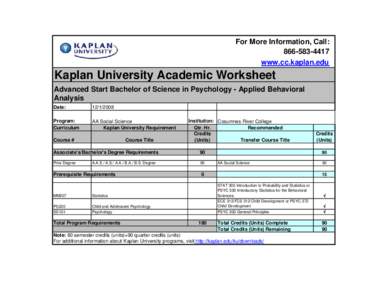 For More Information, Call: [removed]www.cc.kaplan.edu Kaplan University Academic Worksheet Advanced Start Bachelor of Science in Psychology - Applied Behavioral