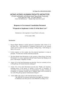 LC Paper No. CB[removed])  HONG KONG HUMAN RIGHTS MONITOR 4/F Kam Tak Building, 20-24 Mercer Street, Sheung Wan, Hong Kong Phone: ([removed]Fax: ([removed]Email: [removed] Website: http://www.hkhr