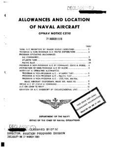 ALLOWANCES AND LOCAT OF NAVAL AIRCRAFT 31 MARCH Is78 TABLE TOTAL A/& INVENTORY BY MAJOR STATUS CATEGORIES .................... 1 PROGRAM & NON-PROGRAM A/C STATUS DISTWiBUflON ................... 2