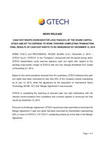 GTECH press release English post cashexitrights