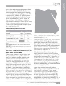 In 2012, Egypt made a moderate advancement in efforts to eliminate the worst forms of child labor. The Government released results of the 2010 national survey on child labor, prosecuted the first cases of child trafficki