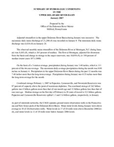 SUMMARY OF HYDROLOGIC CONDITIONS IN THE UPPER DELAWARE RIVER BASIN January 2007 Prepared by the Office of the Delaware River Master