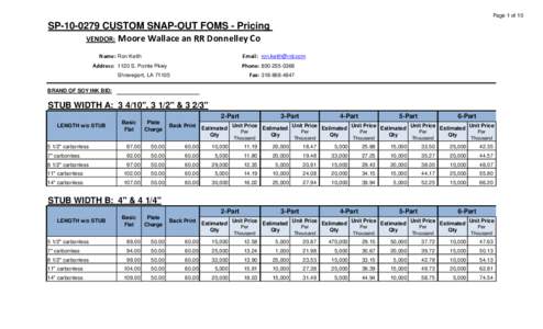 Page 1 of 10  SP[removed]CUSTOM SNAP-OUT FOMS - Pricing VENDOR: Moore Wallace an RR Donnelley Co Name: Ron Keith