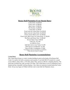 Boone Hall Plantation Event Rental Rates* Cotton Dock- $4,Front Lawn- $3,Back Lawn- $3,The Pavilion- $2,Creek Side- $1,500.00