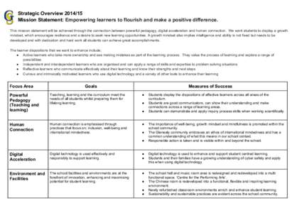 Strategic Overview[removed]Mission Statement: Empowering learners to flourish and make a positive difference. This mission statement will be achieved through the connection between powerful pedagogy, digital acceleration