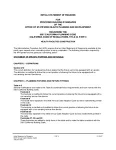 INITIAL STATEMENT OF REASONS FOR PROPOSED BUILDING STANDARDS OF THE OFFICE OF STATEWIDE HEALTH PLANNING AND DEVELOPMENT REGARDING THE