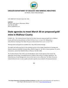 DOGAMI news release[removed]: State agencies to meet March 30 on proposed gold mine in Malheur County