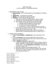 UPA Cheat Sheet (or how to establish or disestablish paternity) 1. DETERMINE “TYPE” OF DAD a. Acknowledged - Mom and Dad signed an Acknowledgment of Paternity (AOP). 1