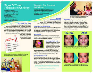 Signs Of Vision Problems In Children • Squinting or blinking • Sitting close to the television • Drifting or crossing of an eye • Tilting or turning of the head