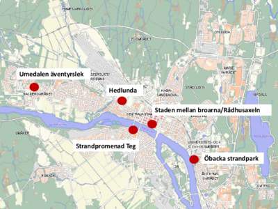 Umedalen äventyrslek Hedlunda Staden mellan broarna/Rådhusaxeln Strandpromenad Teg Öbacka strandpark