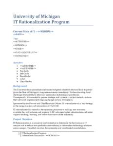 University of Michigan  IT Rationalization Program  Current State of IT – <<SCHOOL>>   <<DATE>>  Tags:   <<ATTENDEE>>