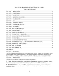 RULES AND REGULATIONS PERTAINING TO CAMPS TABLE OF CONTENTS SECTION 1. DEFINITIONS.............................................................................................................. 1 SECTION 2. COMPLIANCE....