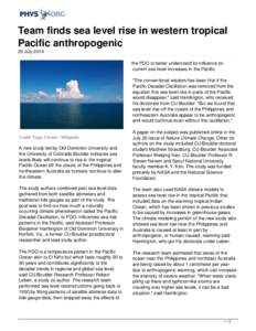 Team finds sea level rise in western tropical Pacific anthropogenic