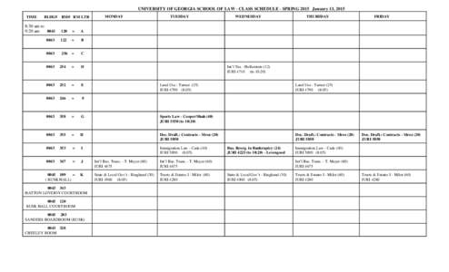 UNIVERSITY OF GEORGIA SCHOOL OF LAW - CLASS SCHEDULE - SPRING 2015 January 13, 2015 TIME BLDG#  RM# RM LTR