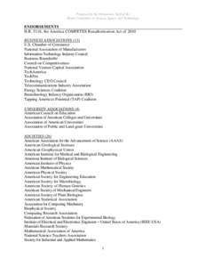 Prepared by the Democratic Staff of the House Committee on Science, Space, and Technology ENDORSEMENTS H.R. 5116, the America COMPETES Reauthorization Act of 2010 BUSINESS ASSOCIATIONS (13)