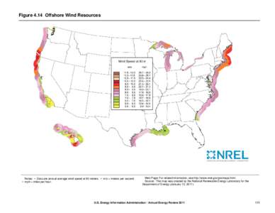 Figure 4.14 Offshore Wind Resources  Notes: • Data are annual average wind speed at 90 meters. • m/s = meters per second. • mph = miles per hour.  Web Page: For related information, see http://www.nrel.gov/gis/maps