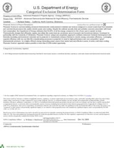 U.S. Department of Energy Categorical Exclusion Determination Form Program or Field Office: Advanced Research Projects Agency - Energy (ARPA-E) Project Title: 25A1001 - Advanced Semiconductor Materials for High Efficienc