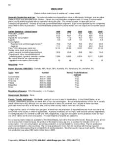 86  IRON ORE1 (Data in million metric tons of usable ore,2 unless noted) Domestic Production and Use: The value of usable ore shipped from mines in Minnesota, Michigan, and two other States in 2002 was estimated at $1.2 