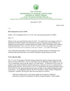 State of Washington  DEPARTMENT OF FINANCIAL INSTITUTIONS DIVISION OF CREDIT UNIONS P.O. Box[removed]z Olympia, Washington z[removed]Courier Address: 150 Israel Rd. SW z Tumwater, WA z[removed]