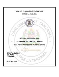 JAMHURI YA MUUNGANO WA TANZANIA BUNGE LA TANZANIA MKUTANO WA KUMI NA MOJA YATOKANAYO NA KIKAO CHA HAMSINI (DAILY SUMMARY RECORD OF PROCEEDINGS)