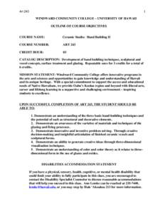 Art[removed]WINDWARD COMMUNITY COLLEGE – UNIVERSITY OF HAWAII OUTLINE OF COURSE OBJECTIVES