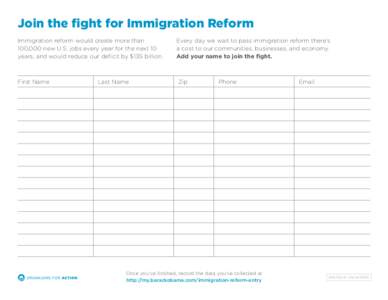 Join the fight for Immigration Reform Immigration reform would create more than 100,000 new U.S. jobs every year for the next 10 years, and would reduce our deficit by $135 billion.  First Name