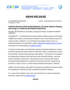 OFFICE OF PUBLIC AFFAIRS 1625 North Market Boulevard, Suite N-323, Sacramento, CA[removed]P[removed]F[removed] | www.dca.ca.gov NEWS RELEASE FOR IMMEDIATE RELEASE