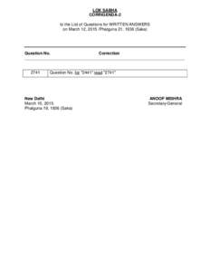 LOK SABHA CORRIGENDA-2 to the List of Questions for WRITTEN ANSWERS on March 12, 2015 /Phalguna 21, 1936 (Saka)  Question No.