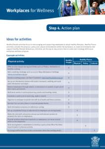 Workplaces for Wellness Step 4. Action plan Ideas for activities Healthy People activities focus on encouraging and supporting employees to adopt healthy lifestyles. Healthy Places activities consider the physical, polic