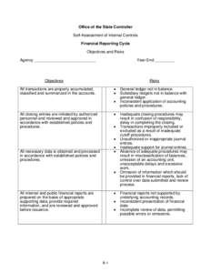 Office of the State Controller Self-Assessment of Internal Controls Financial Reporting Cycle Objectives and Risks Agency ____________________________