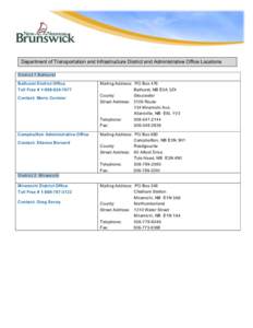   Department of Transportation and Infrastructure District and Administrative Office Locations District 1 Bathurst Bathurst District Office Toll Free # [removed]