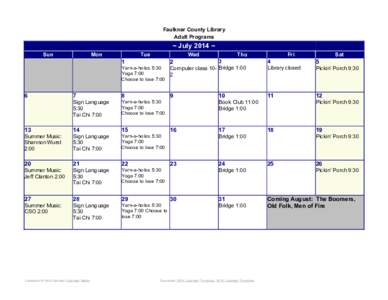   Faulkner County Library Adult Programs ~ July 2014 ~ Sun