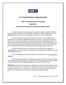 U. S. Small Business Administration Table of Small Business Size Standards Matched to North American Industry Classification System Codes This table lists small business size standards matched to industries described in 