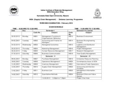 Indian Institute of Materials Management NHQ Education Wing & Karnataka State Open University University, Mysore MBA (Supply