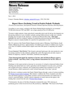 July 1, 2014 Contact: Christina Meister, [removed], ([removed]Report Shows Declining Trend in Prairie Pothole Wetlands Pressure from Agriculture, Development Threatens Globally Important Waterfowl Br