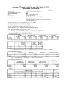 Summary of Financial Results for year ended March 31, 2015 (Japan GAAP) (Consolidated) May 8, 2015 Company name: Stock exchange listings (Section): Securities code number: