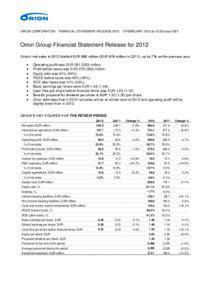 ORION CORPORATION  FINANCIAL STATEMENT RELEASE 2012