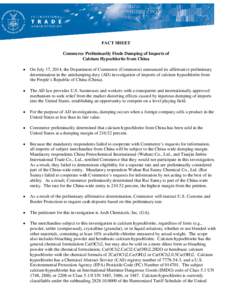 Calcium Hypochlorite AD Prelim Fact Sheet