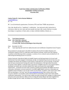 Youth Farm Safety and Education Certification (YFSEC) Stakeholders’ Written Comments December 2012 Cowley County FB - Denise Noonan-Middleton [removed]